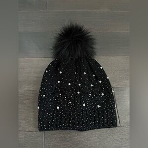 Black Knit Beanie With Crystal Embellishments & White Pearls Pom Pom On The Top